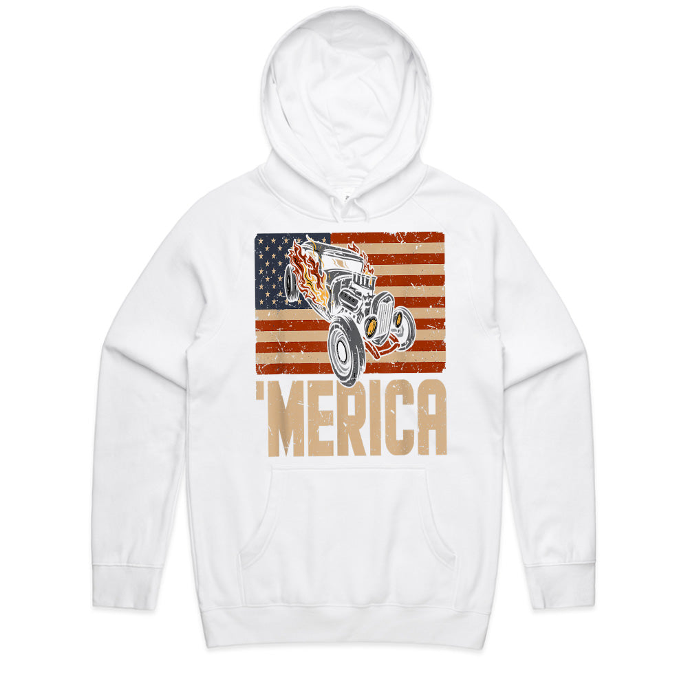 MERICA Hot Rod T-Shirt – Vintage American Flag & Muscle Car Design