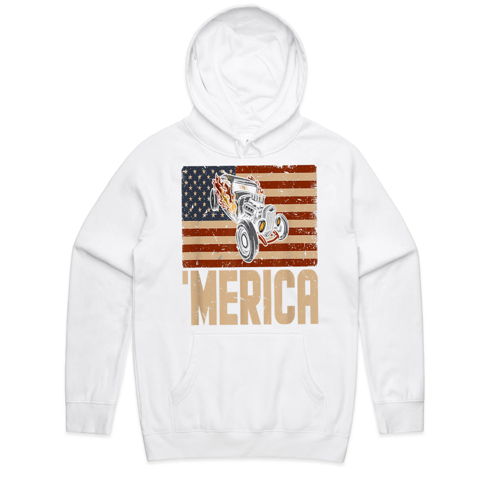MERICA Hot Rod T-Shirt – Vintage American Flag & Muscle Car Design
