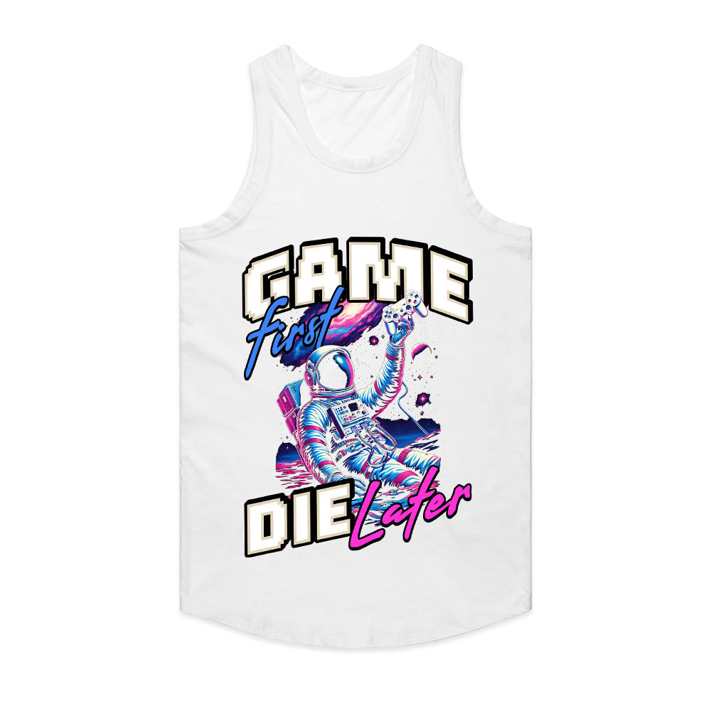 Game First, Die Later T-Shirt – Neon Astronaut Gamer Aesthetic