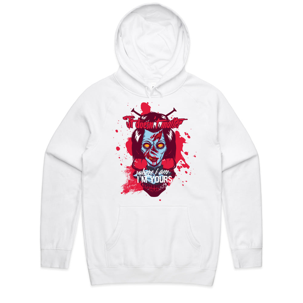 It Doesn't Matter Where I Am, I'm Yours" Horror-Themed T-Shirt – Creepy Zombie Skull Design