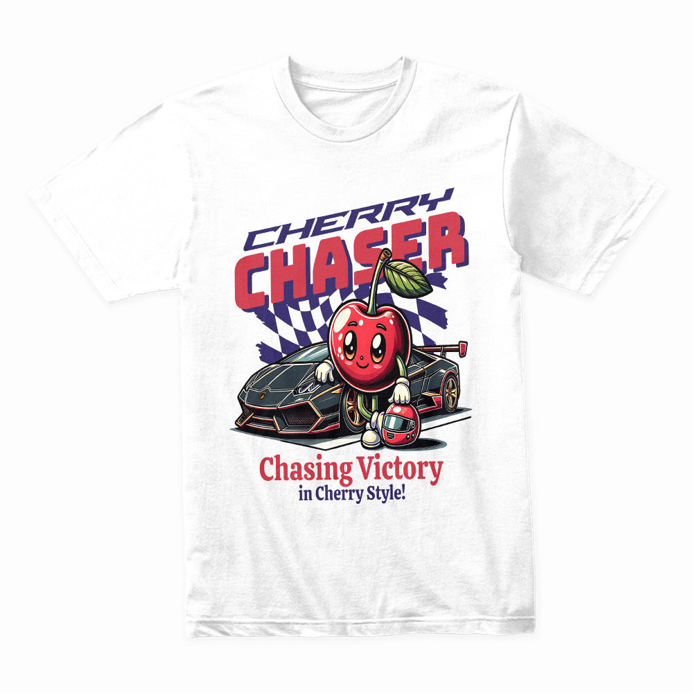 Cherry Chaser T-Shirt – Fun Racing-Inspired Supercar & Cartoon Cherry Tee