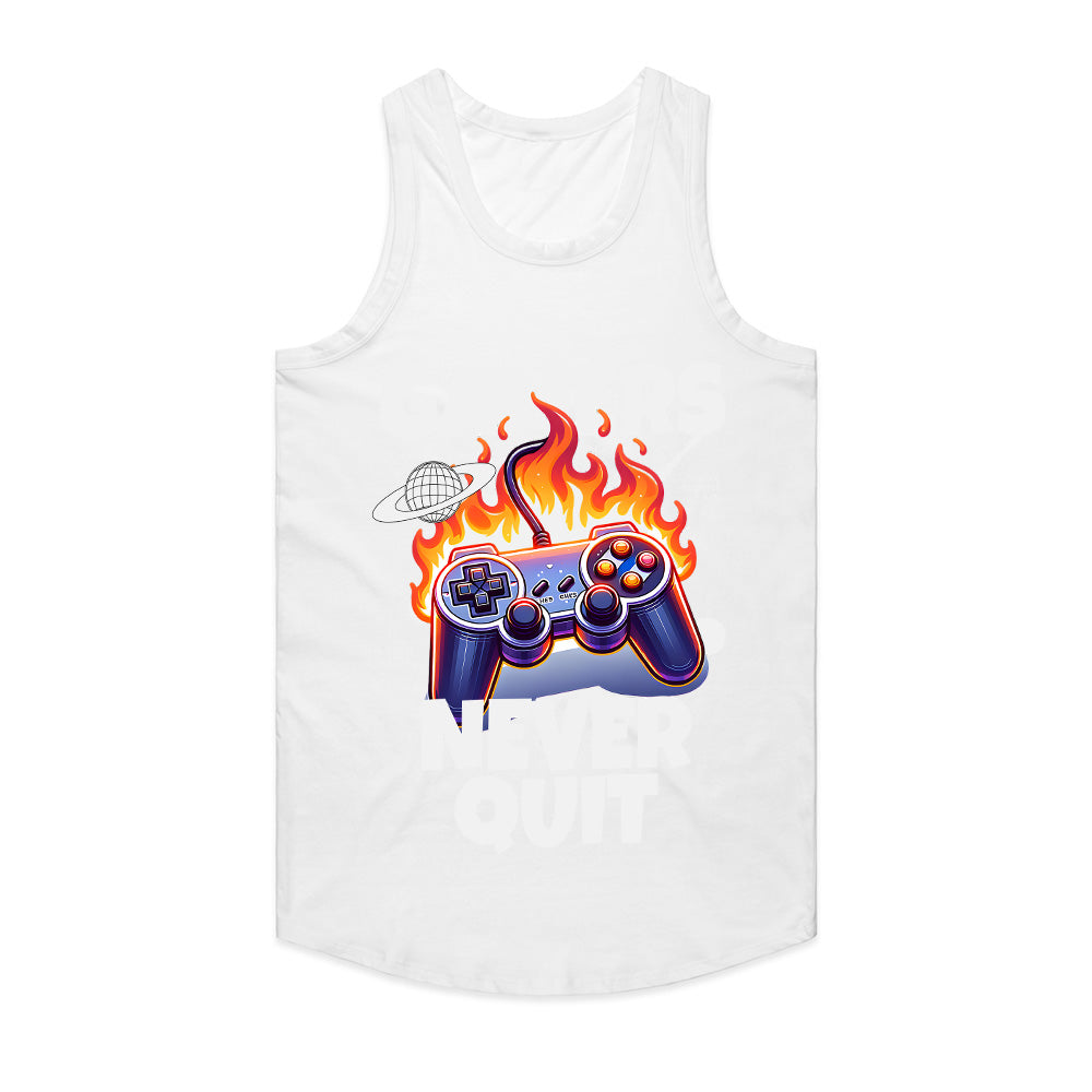 "Gamers Never Quit" T-Shirt - Fiery Gaming Controller Design