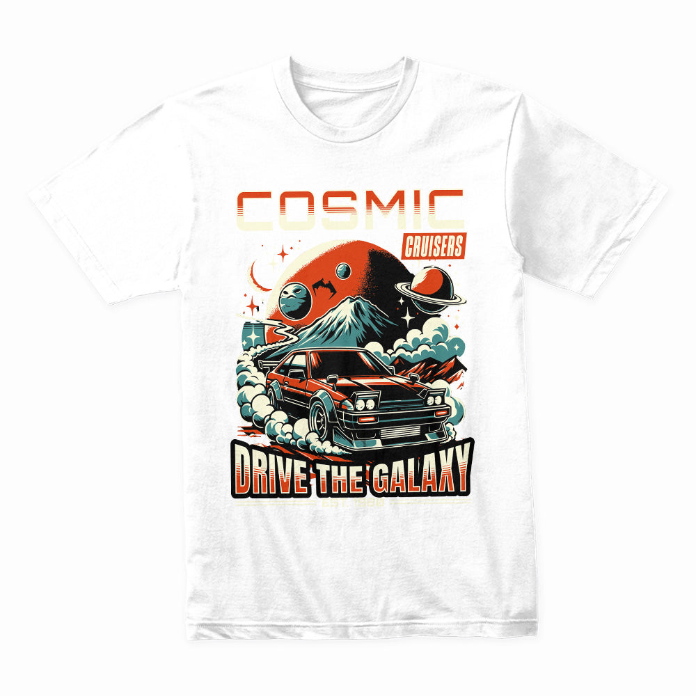 Cosmic Cruisers T-Shirt – Retro Futuristic JDM Car & Space Adventure Tee