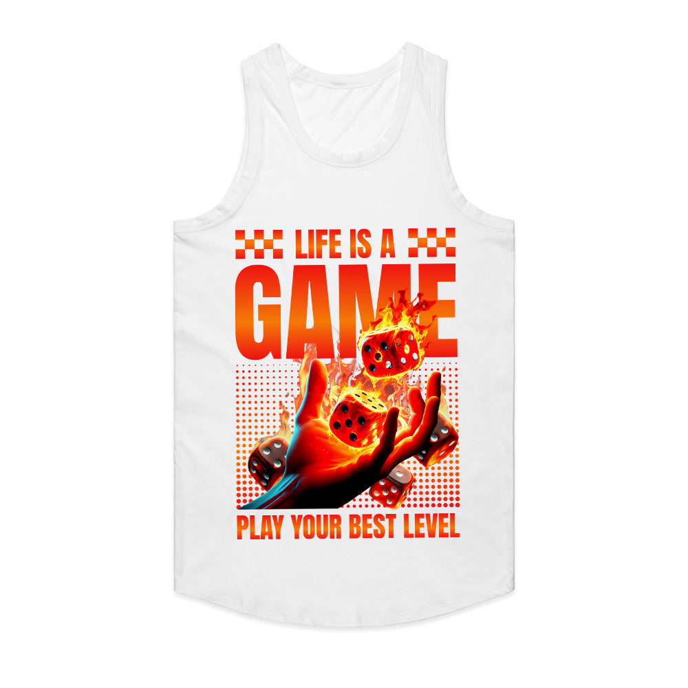 Life Is A Game T-Shirt – Play Your Best Level” Flaming Dice Design