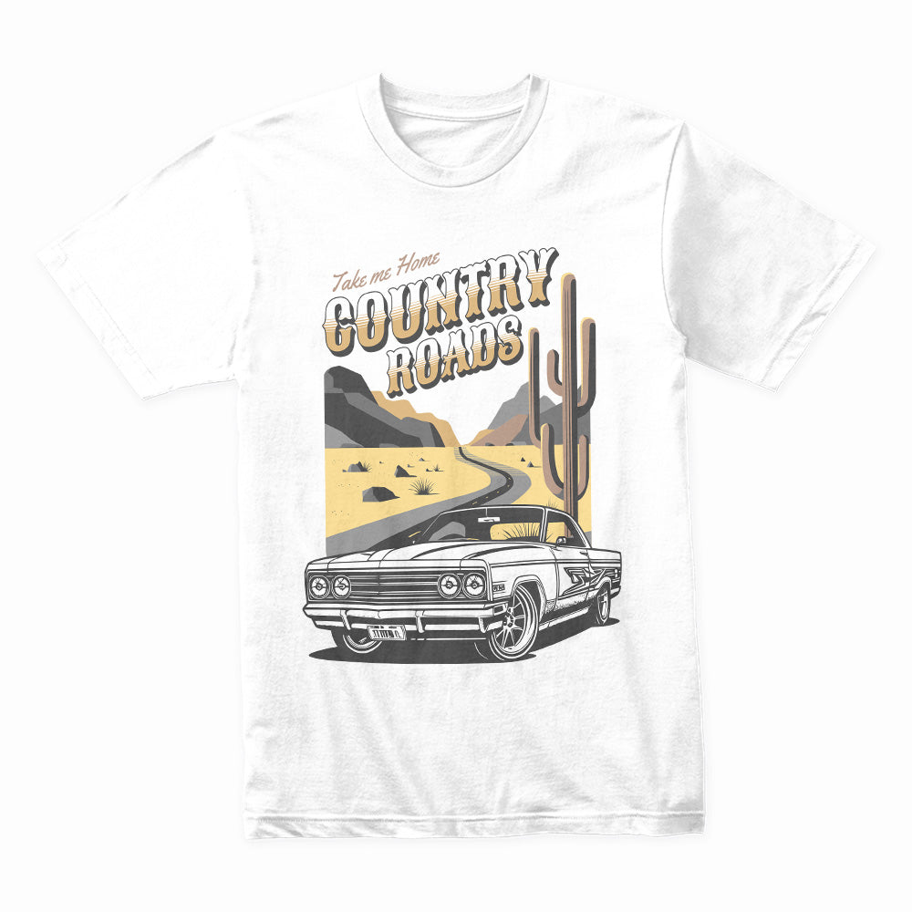 Country Roads T-Shirt – Classic Muscle Car & Desert Road Trip Tee