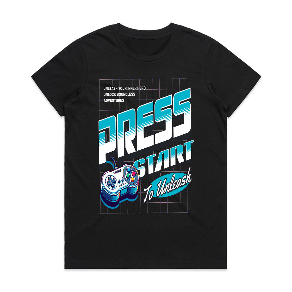 "Press Start to Unleash – Retro Gaming Adventure T-Shirt"