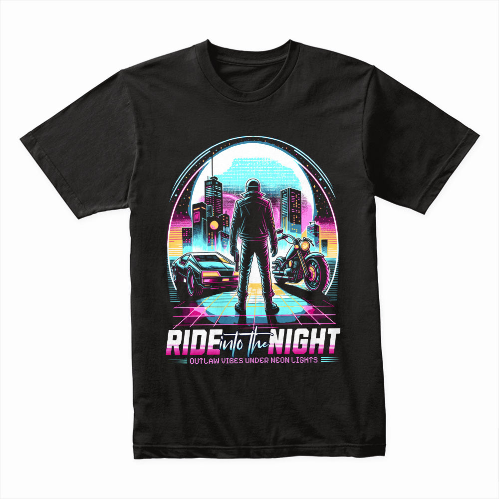 Ride Into the Night – Neon Cyberpunk Outlaw Graphic T-Shirt