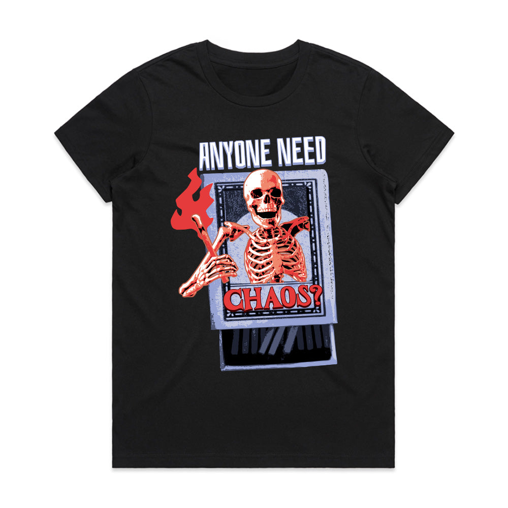 Anyone Need Chaos? – Retro Skeleton Inferno Graphic Tee"