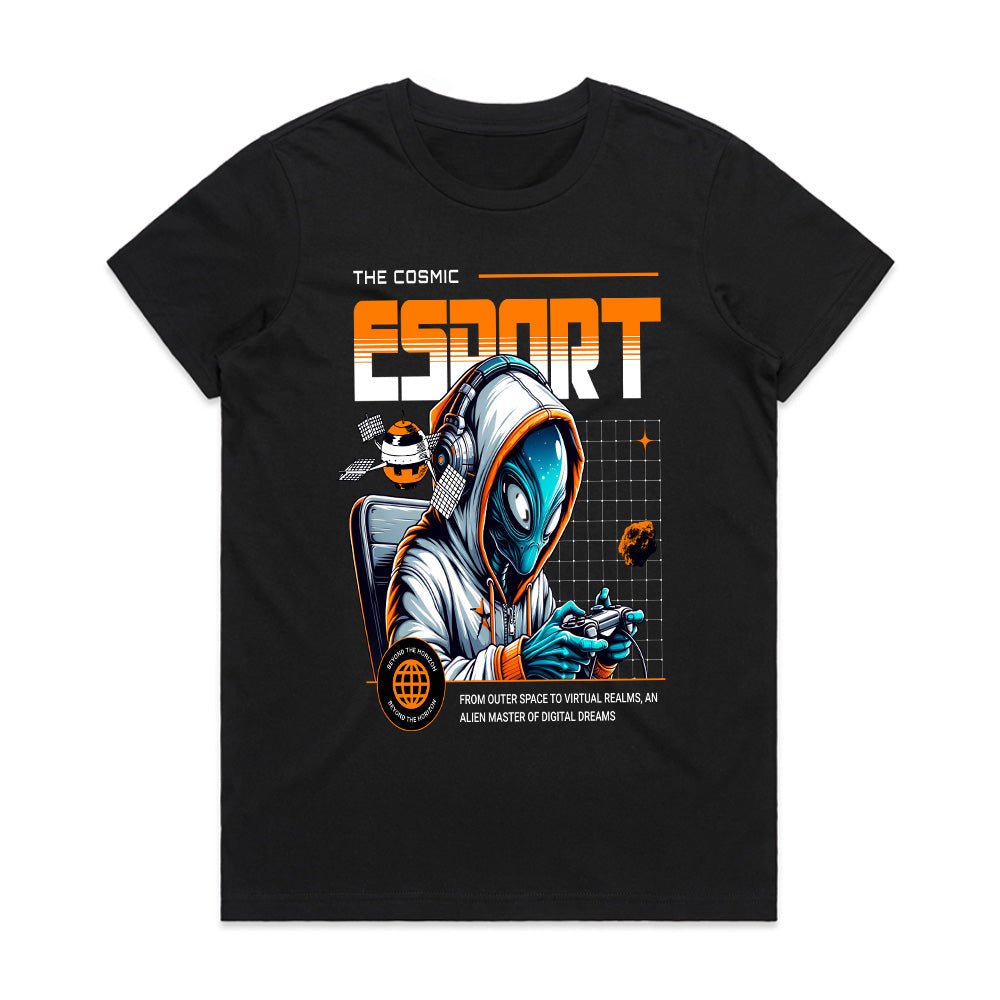 Cosmic Esports Alien Gamer T-Shirt – Futuristic Sci-Fi Gaming Style