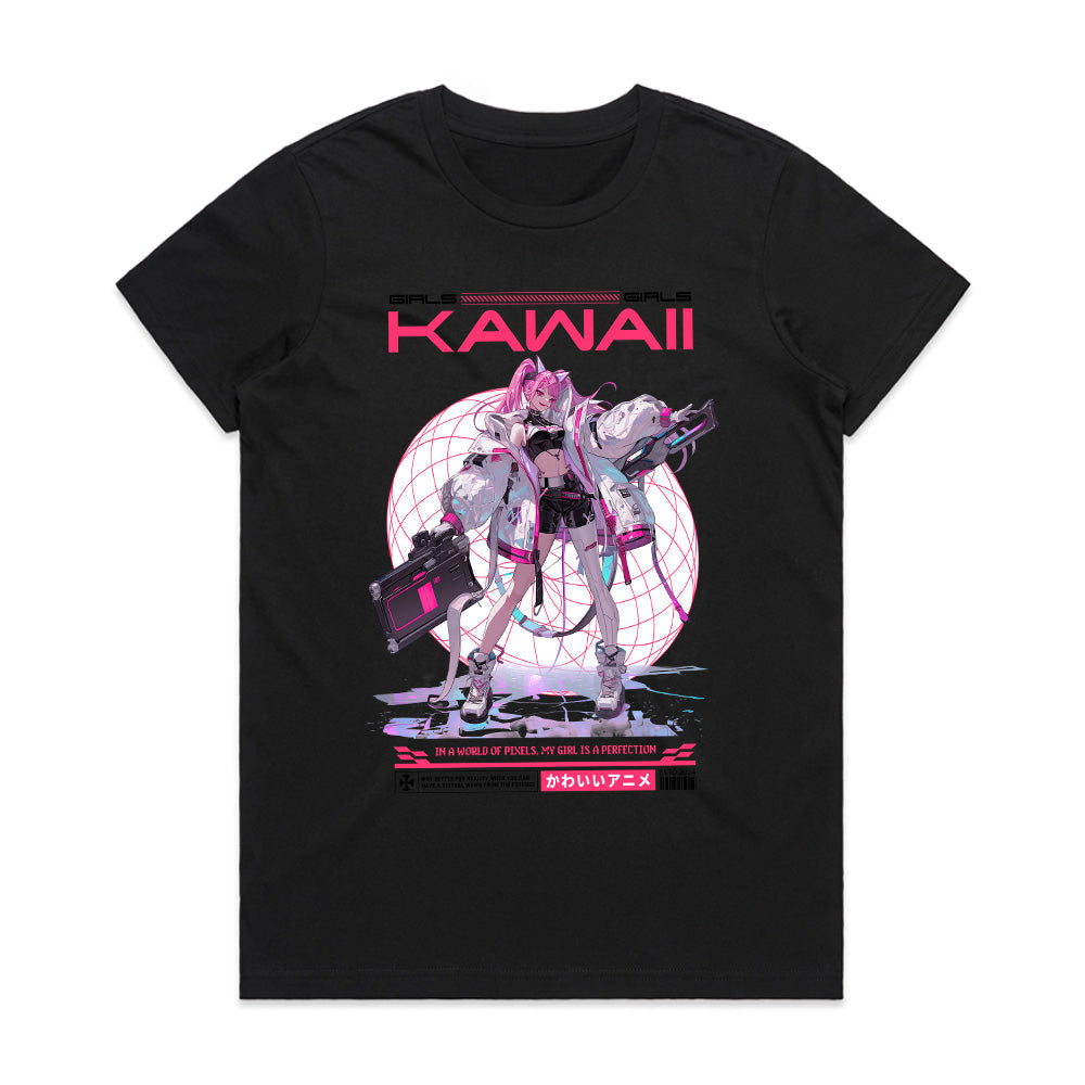Kawaii Cyberpunk Warrior T-Shirt – Futuristic Anime Girl Aesthetic