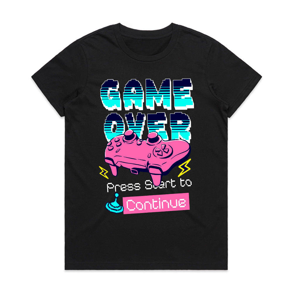 "Game Over – Press Start to Continue" Neon Retro Gaming T-Shirt