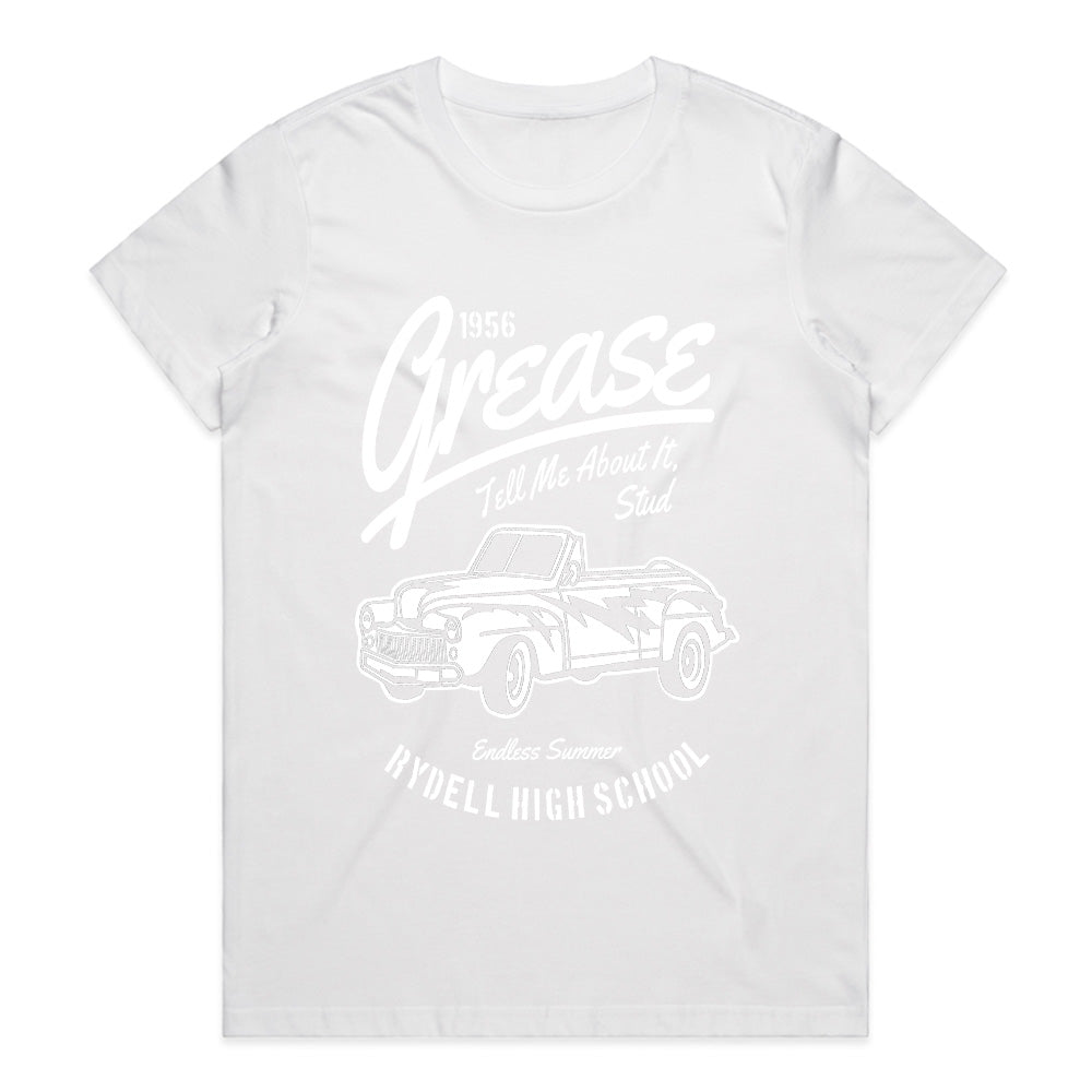 1956 Grease Movie T-Shirt | 'Tell Me About It, Stud' Vintage Car Design