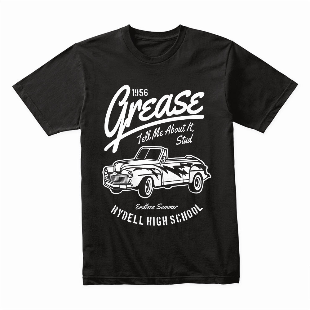1956 Grease Movie T-Shirt | 'Tell Me About It, Stud' Vintage Car Design