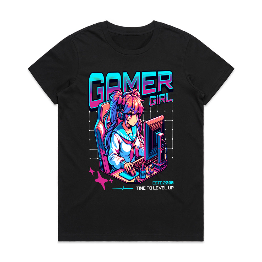 Neon Gamer Girl T-Shirt – "Time to Level Up" Anime-Inspired Gaming Tee