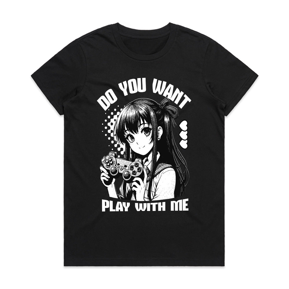 Anime Gamer Girl T-Shirt - "Do You Want to Play With Me?" - Black Gaming Tee