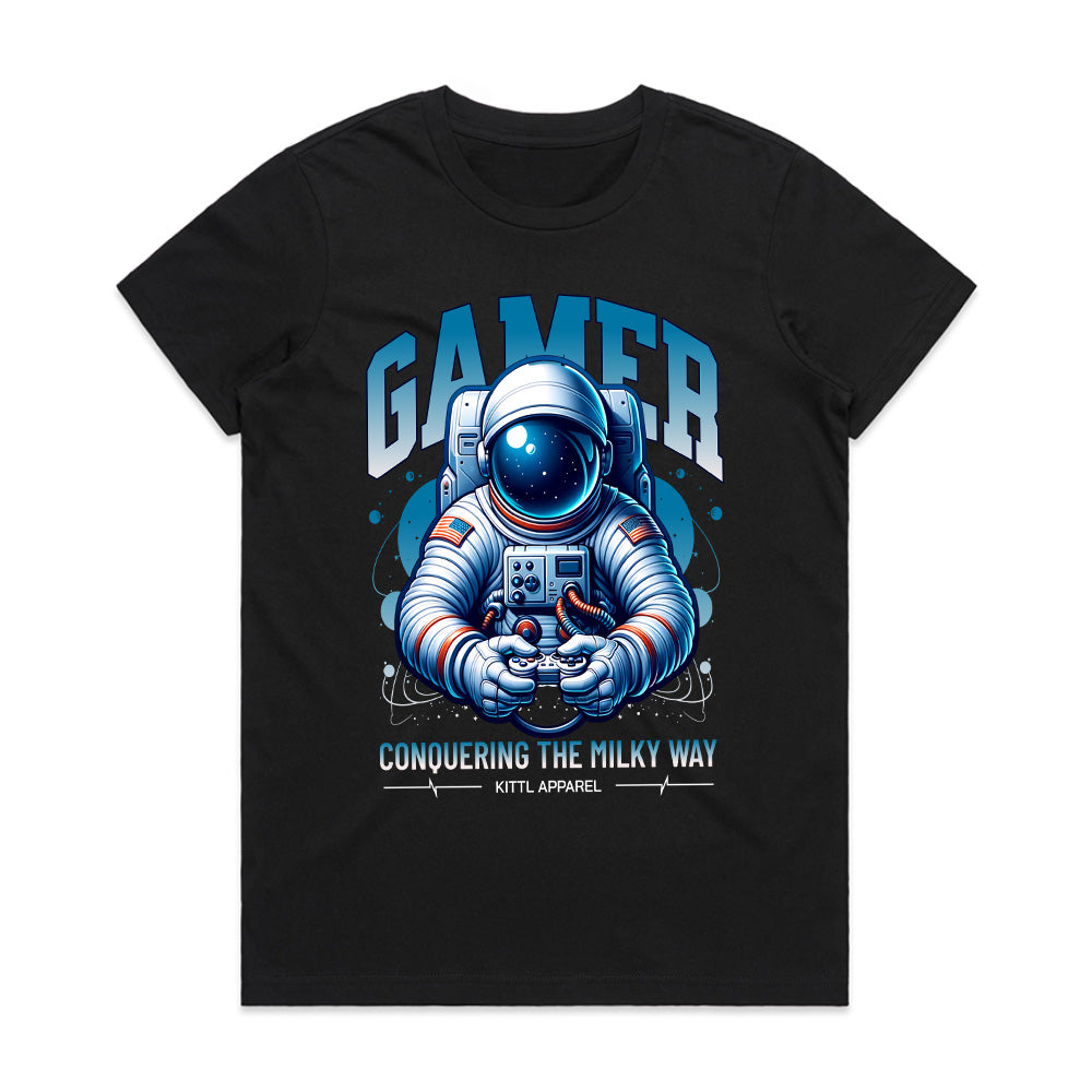 Astronaut Gamer T-Shirt – "Conquering the Milky Way" Space Gaming Tee