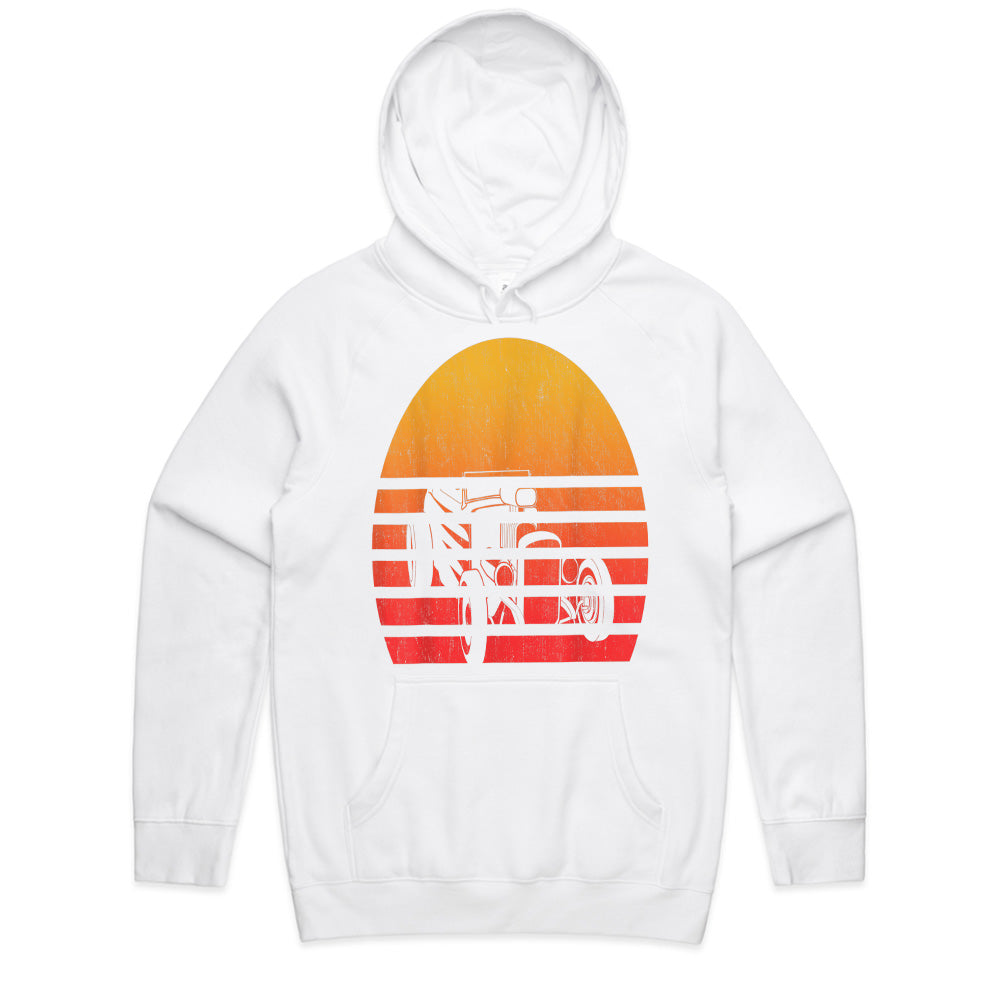 Vintage Retro Sunset Hot Rod T-Shirt – Classic Car Design with Bold Sunset Colors