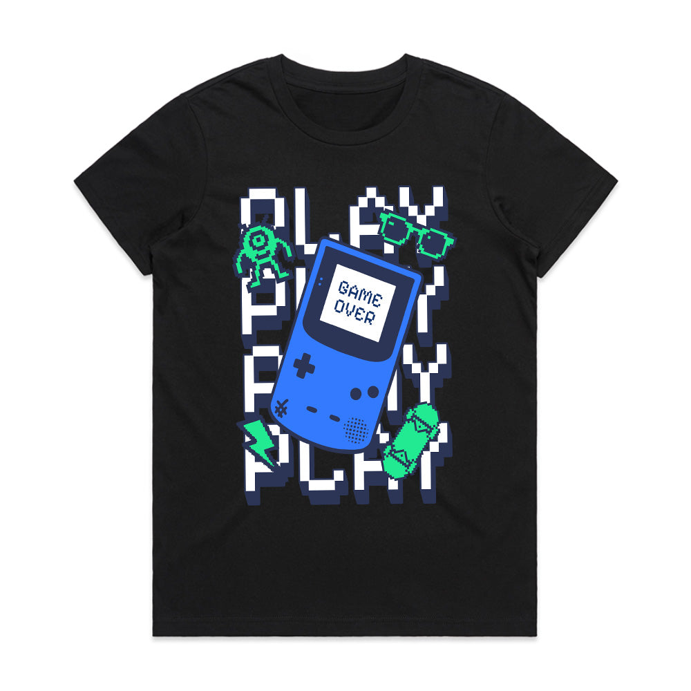 Retro Handheld Gamer T-Shirt – "Play Play Play" Pixel Art Tee