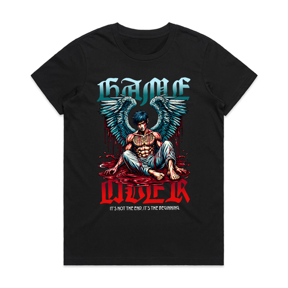 "Game Over – Angel Warrior Gaming T-Shirt with Dark Fantasy Art"
