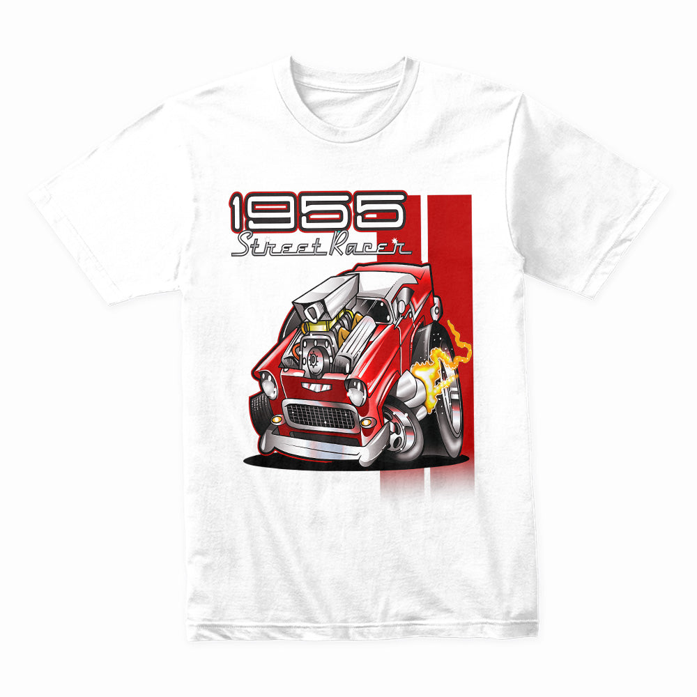 1955 Hot Rod Street Racer T-Shirt – Vintage 50s Muscle Car Cartoon Tee