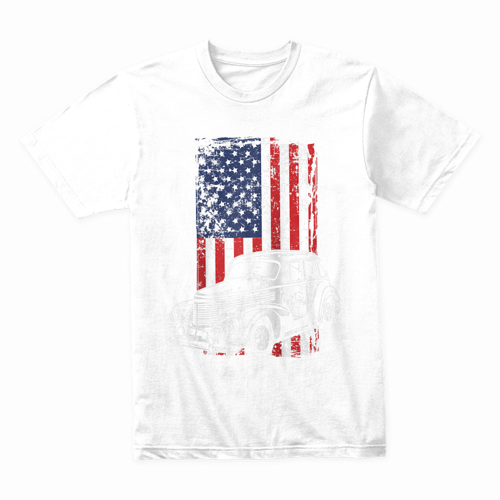 Vintage Classic Car American Flag T-Shirt – 4th of July Hot Rod Enthusiast Tee