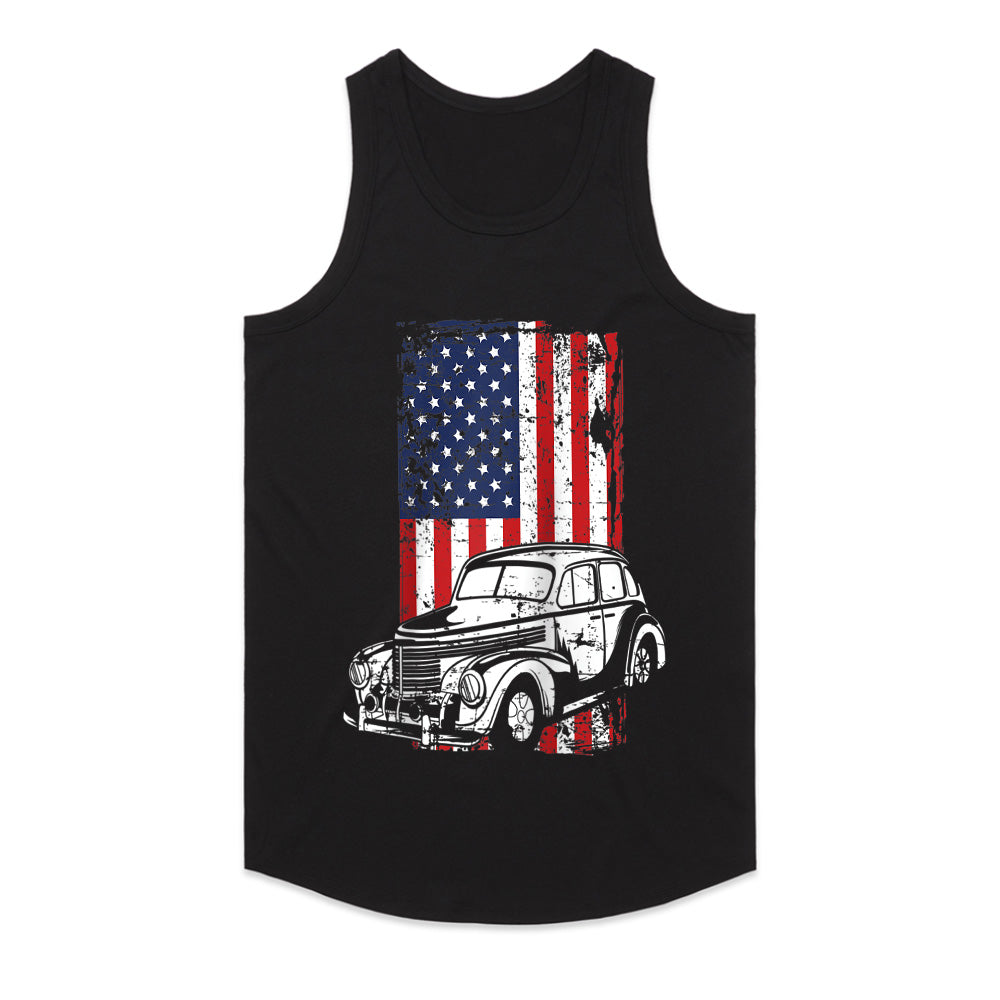 Vintage Classic Car American Flag T-Shirt – 4th of July Hot Rod Enthusiast Tee