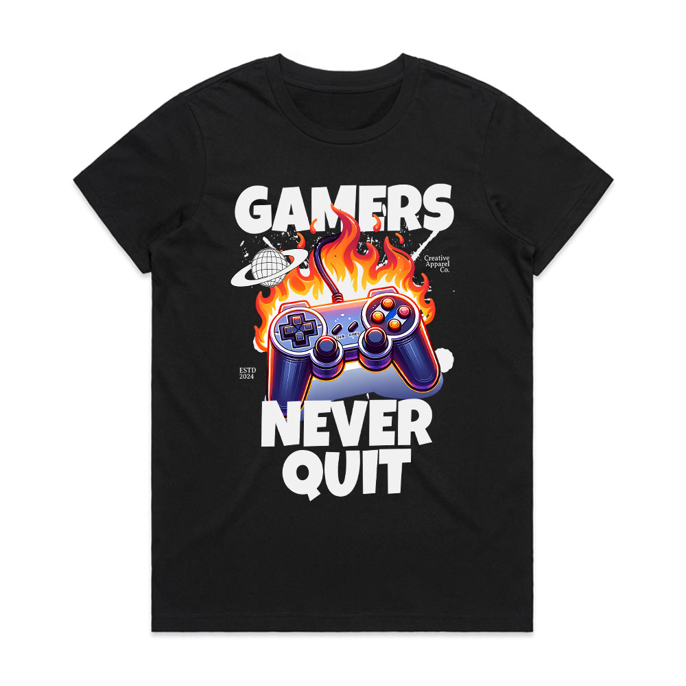 "Gamers Never Quit" T-Shirt - Fiery Gaming Controller Design