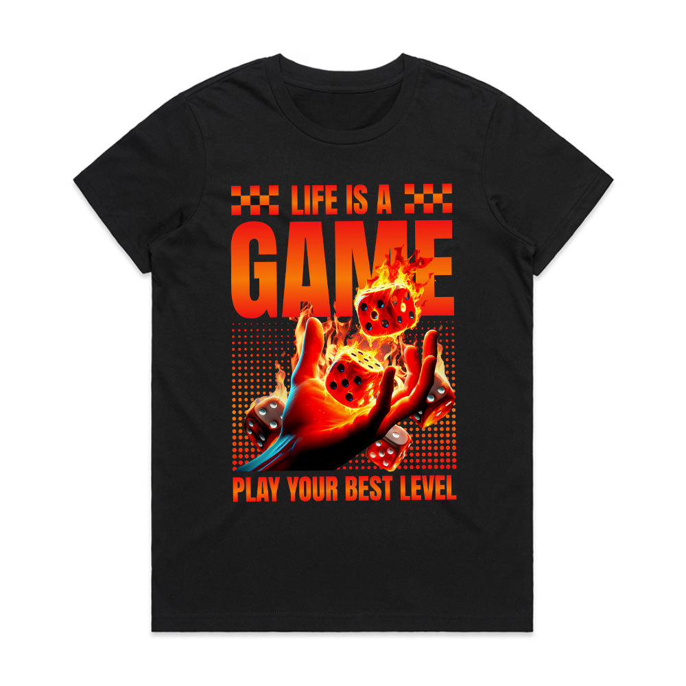 Life Is A Game T-Shirt – Play Your Best Level” Flaming Dice Design