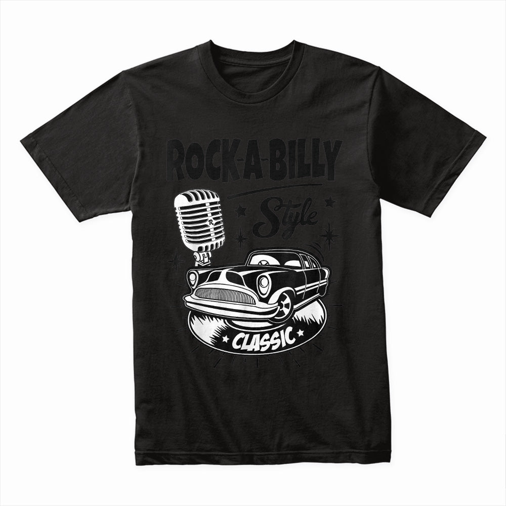 Rock-A-Billy Classic Car T-Shirt | Vintage 50s Retro Hot Rod & Microphone Design