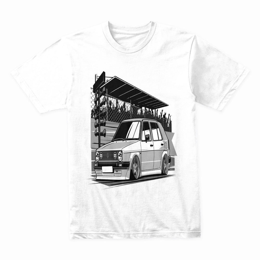 Classic VW Hatchback Drag Strip T-Shirt – Retro Performance Car Tee