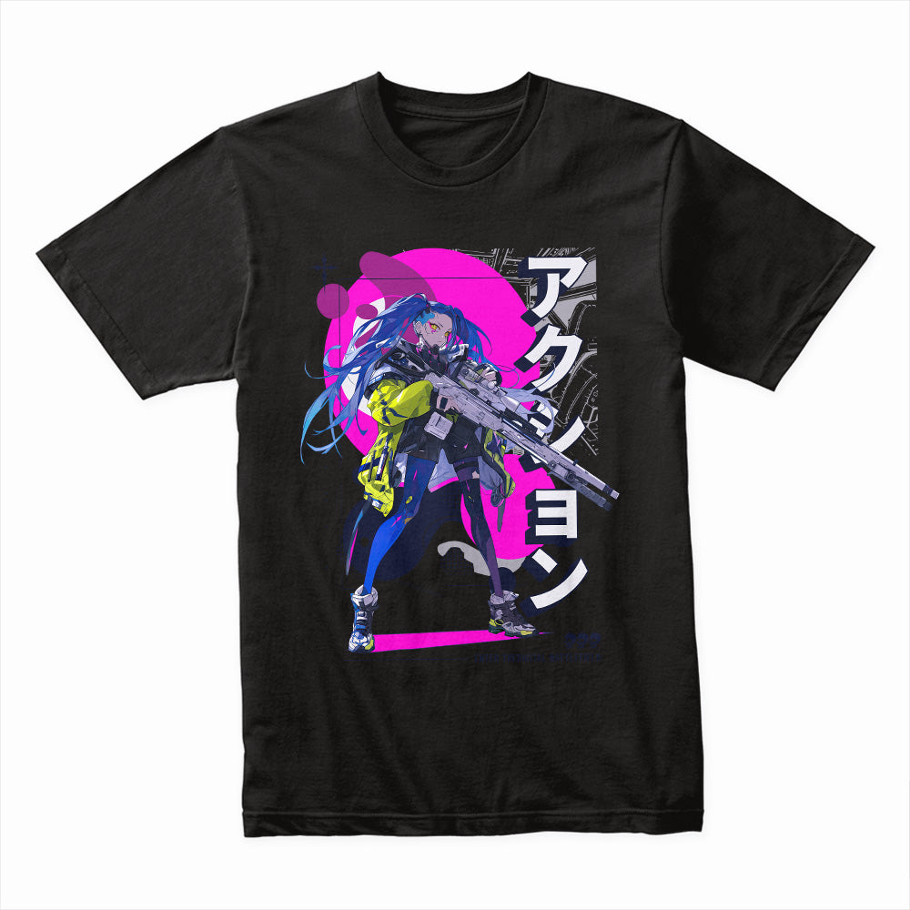 Cyberpunk Anime Sniper T-Shirt – Action Mode Activated