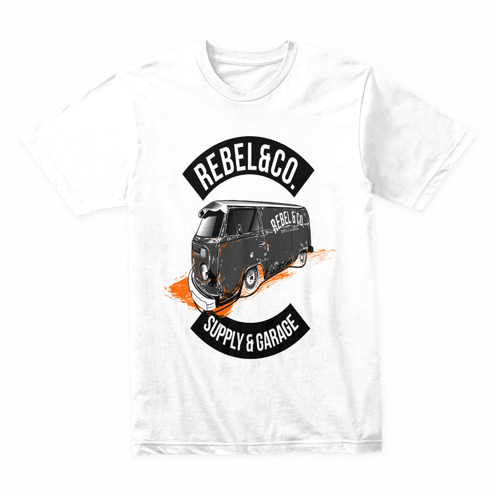 Rebel & Co. Garage" Vintage VW Bus T-Shirt