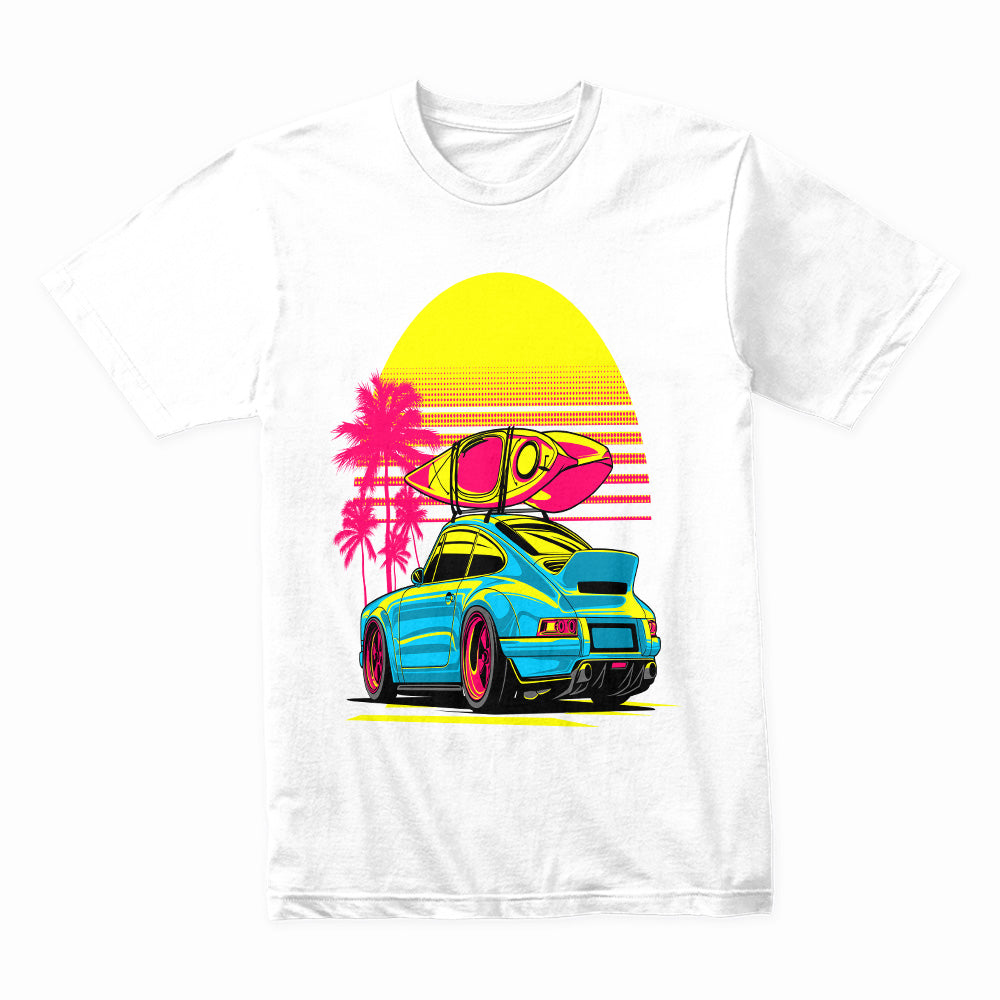 Retro Sunset Porsche Surf Tee – Neon Summer Vibes