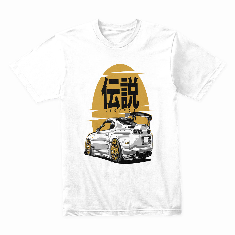 Toyota Supra MK4 "Legends" JDM T-Shirt – White Supra with Gold Accents