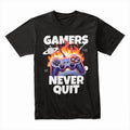 "Gamers Never Quit" T-Shirt - Fiery Gaming Controller Design