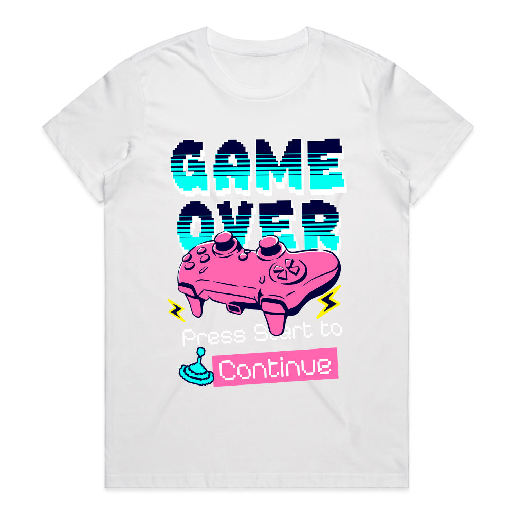 "Game Over – Press Start to Continue" Neon Retro Gaming T-Shirt