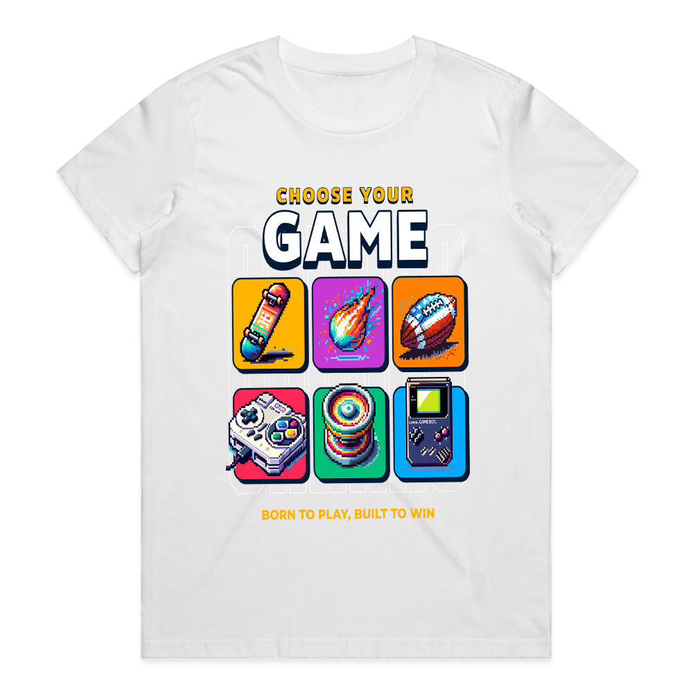 Choose Your Game T-Shirt – Retro Pixel Sports & Gaming Icons