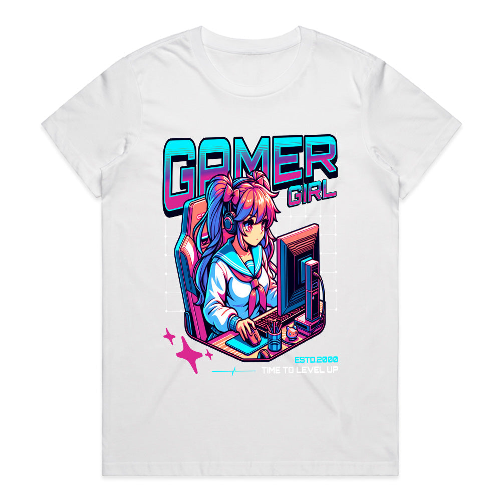 Neon Gamer Girl T-Shirt – "Time to Level Up" Anime-Inspired Gaming Tee