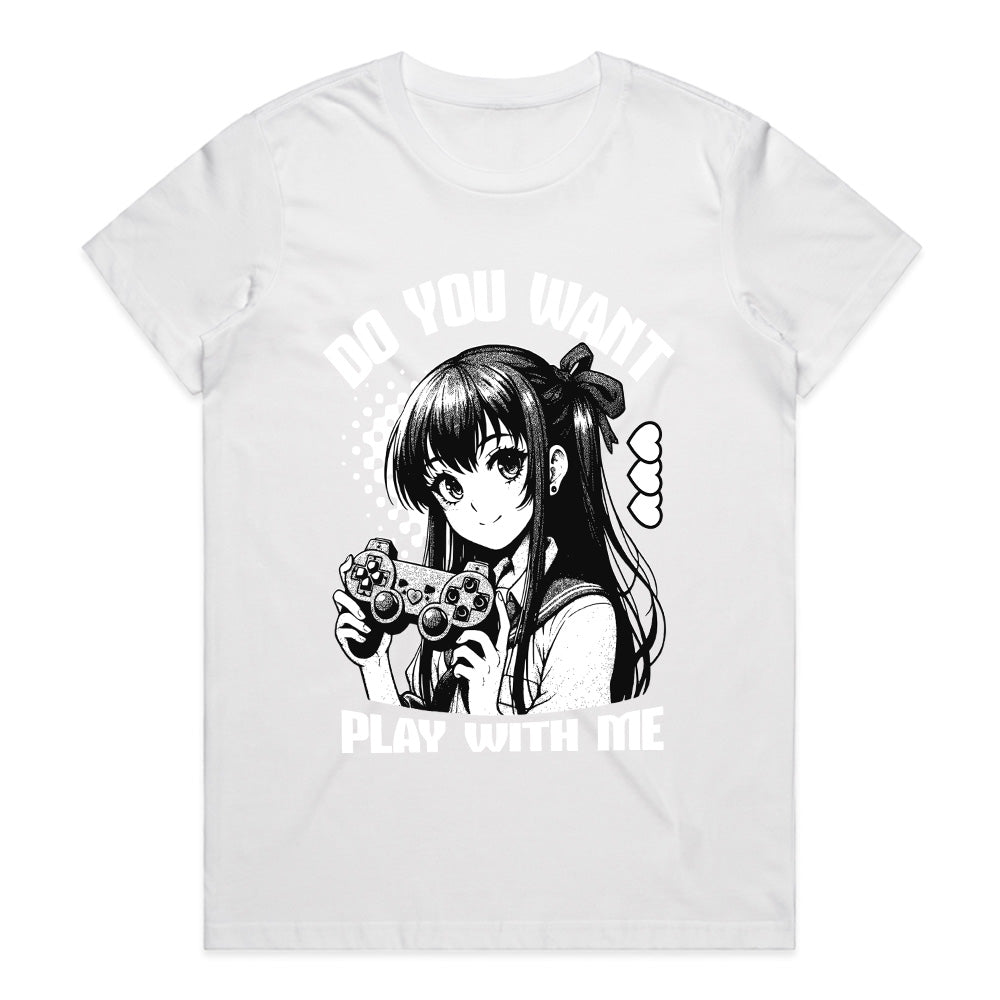 Anime Gamer Girl T-Shirt - "Do You Want to Play With Me?" - Black Gaming Tee