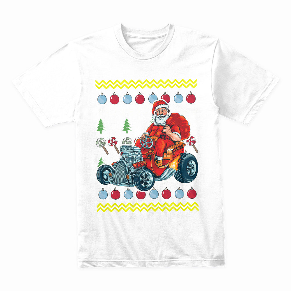 Santa’s Hot Rod Christmas T-Shirt | Funny Ugly Christmas Sweater Inspired Vintage Car Design