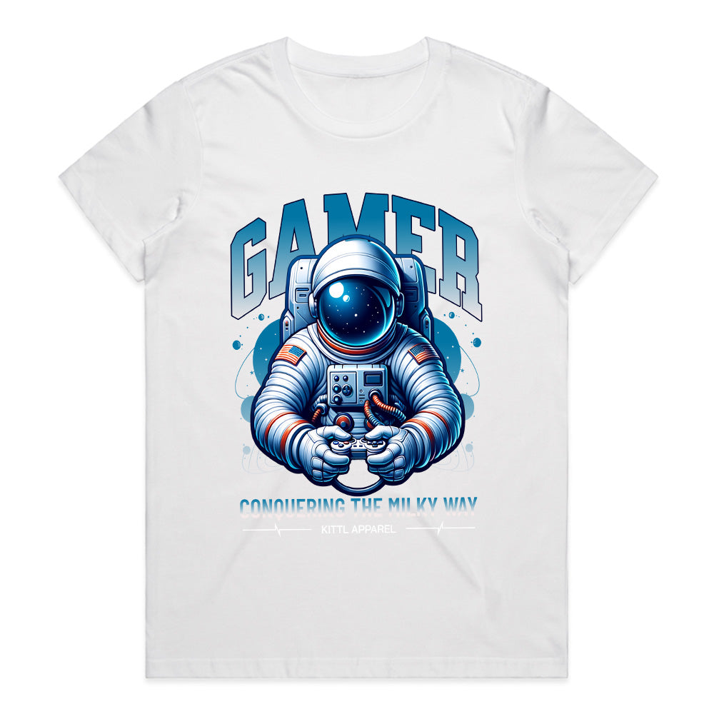 Astronaut Gamer T-Shirt – "Conquering the Milky Way" Space Gaming Tee