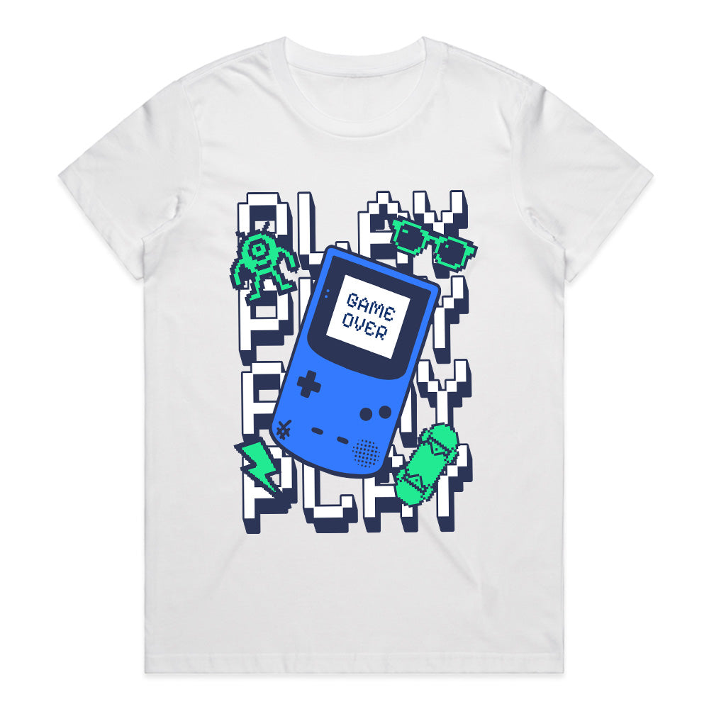 Retro Handheld Gamer T-Shirt – "Play Play Play" Pixel Art Tee