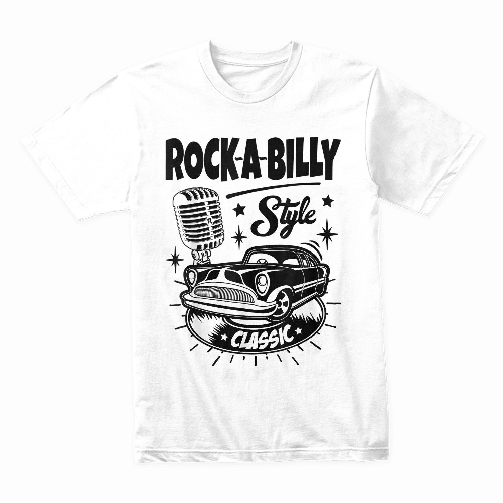 Rock-A-Billy Classic Car T-Shirt | Vintage 50s Retro Hot Rod & Microphone Design