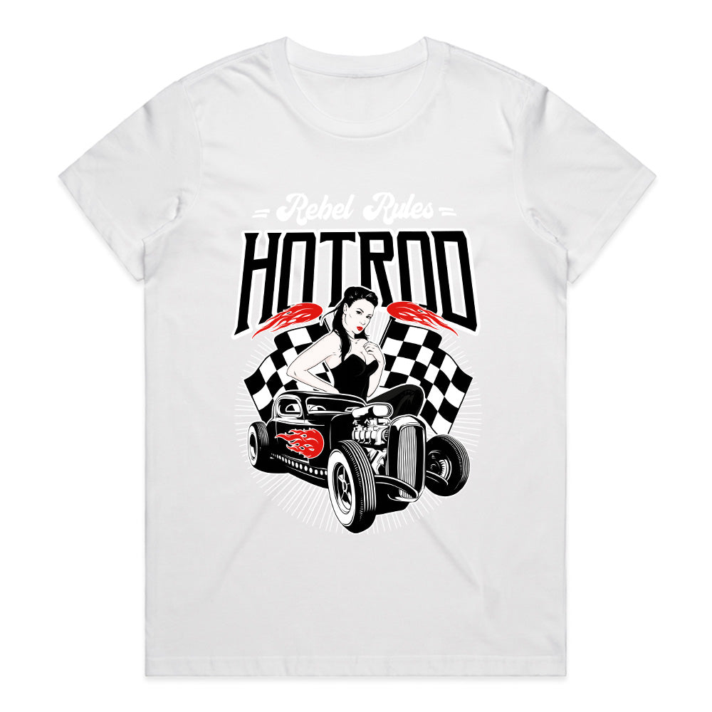 Rebel Rules Hot Rod Rockabilly T-Shirt – Vintage Classic Car & Pin-Up Girl Design