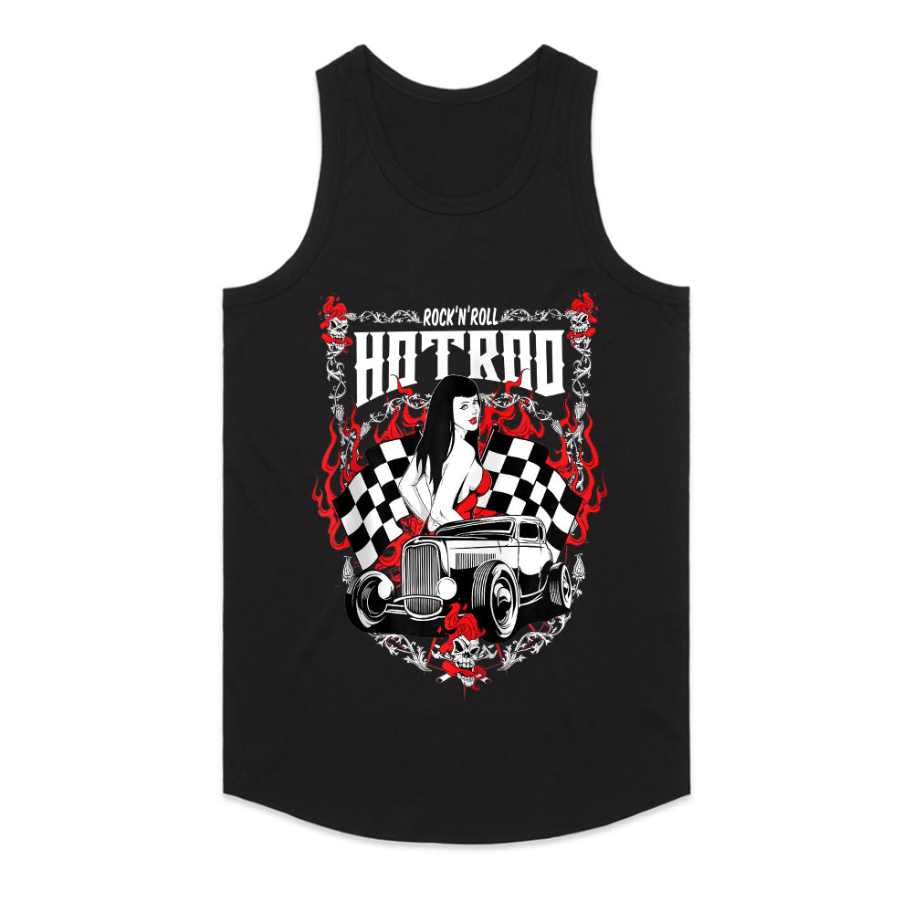 Rock ‘n’ Roll Hot Rod T-Shirt – Vintage Pin-Up & Checkered Flag Classic Car Tee