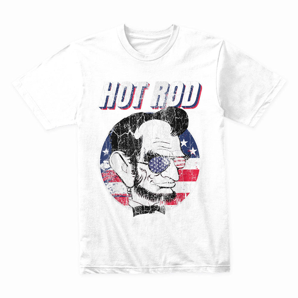 Hot Rod Abraham Lincoln T-Shirt – Patriotic Vintage Muscle Car & USA Flag Tee