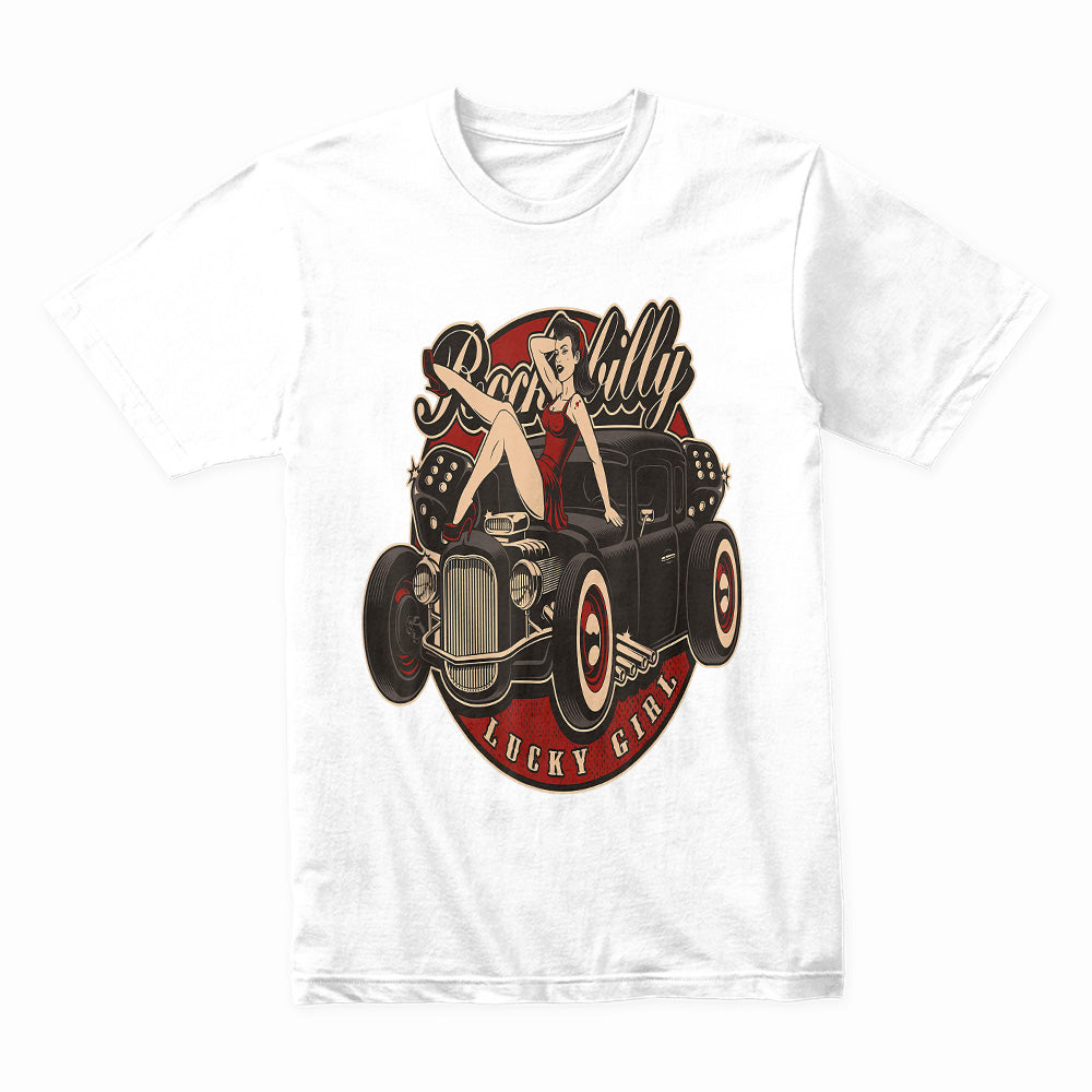 Rockabilly Lucky Girl Hot Rod T-Shirt – Vintage Pin-Up & Classic Car Retro Tee