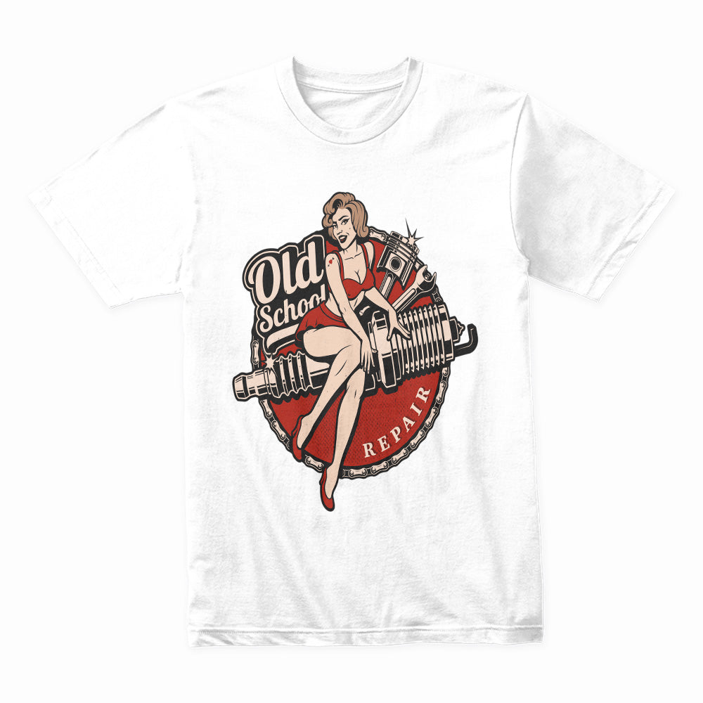 Old School Repair Pin-Up T-Shirt – Vintage Rockabilly Garage & Hot Rod Tee