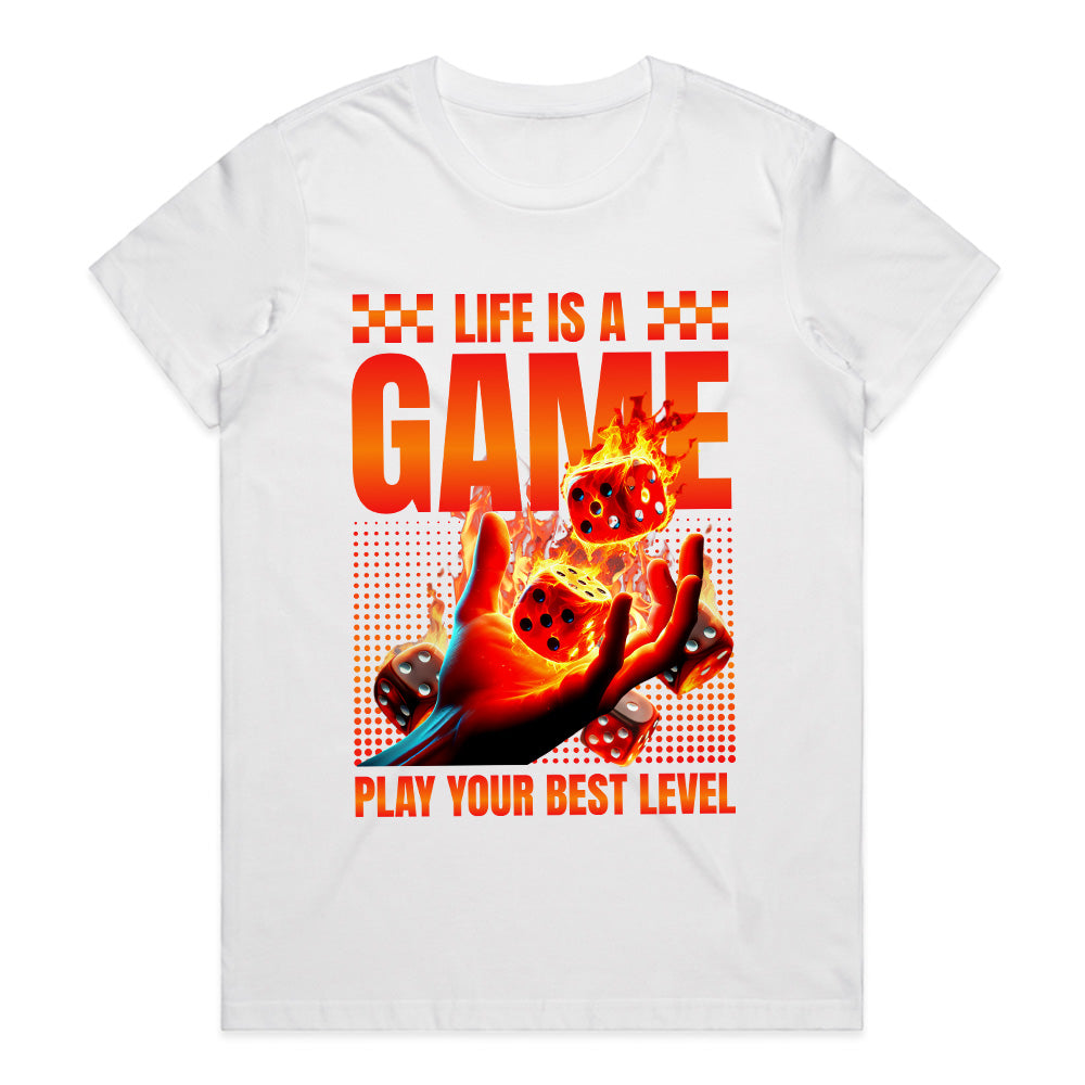 Life Is A Game T-Shirt – Play Your Best Level” Flaming Dice Design