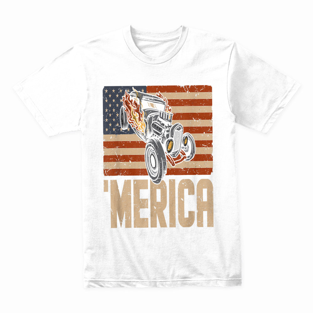 MERICA Hot Rod T-Shirt – Vintage American Flag & Muscle Car Design